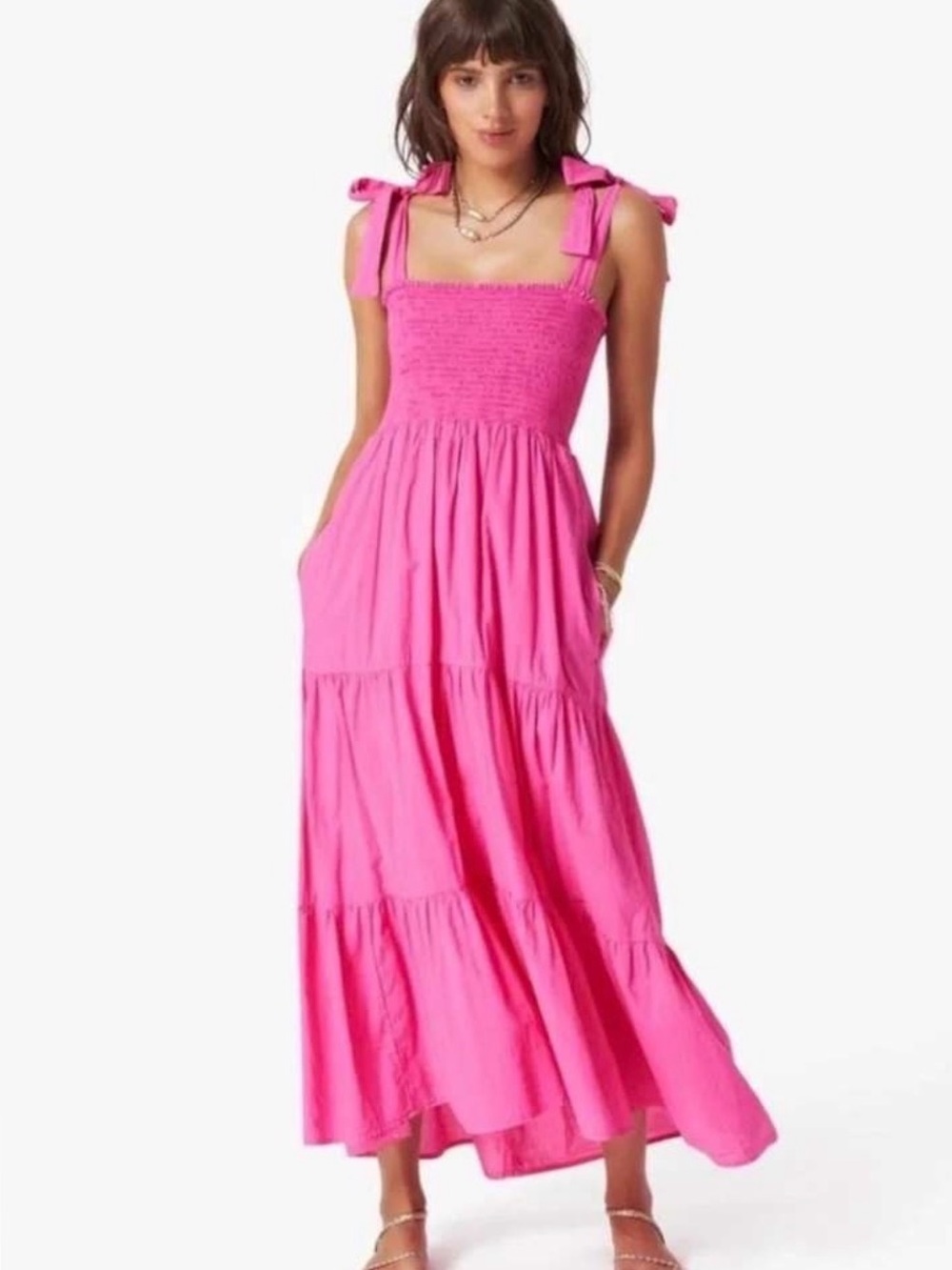 Xirena Tie-Shoulder Smocked Maxi Dress in Hot Pink